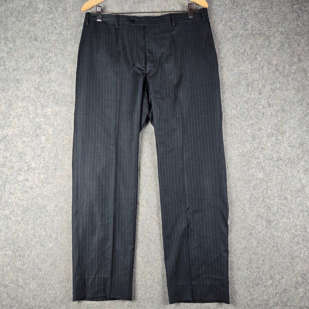 Canali Dress Pants Mens 34 Black Pinstripe Wool Flat Front Trousers Italy Luxury